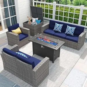 JOIVI Patio Furniture Set with Fire Pit Table, 8 Pieces Rattan Outdoor Conversation Set, 45" 50000 BTU Gas Fire Pit, Sectional Sofa with Storage Box, Navy Blue (Without Table)