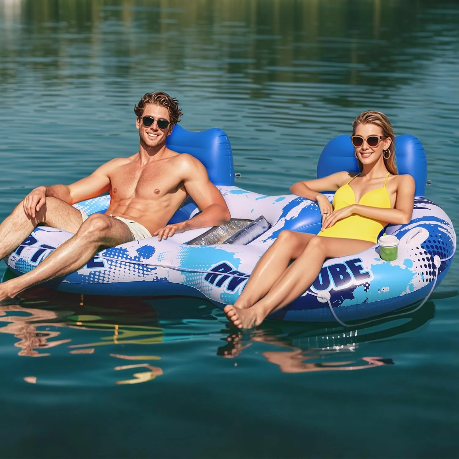 JOSEN Inflatable River Tube Float - 2 Person Heavy Duty River Float, Pool Floats Adult, Lake River Floats Water Tubes for Floating with Removable Cooler & Cupholders for Summer Relaxation