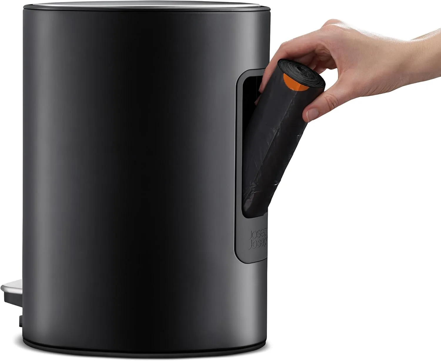 Joseph Joseph EasyStore Stainless Steel 5 Liter/1.3 Gallon Pedal Trash Can with Bin Liner Storage, Soft-Close Lid, Removable Inner Bucket, for Bathroom, Bedroom, Office, Matt Black