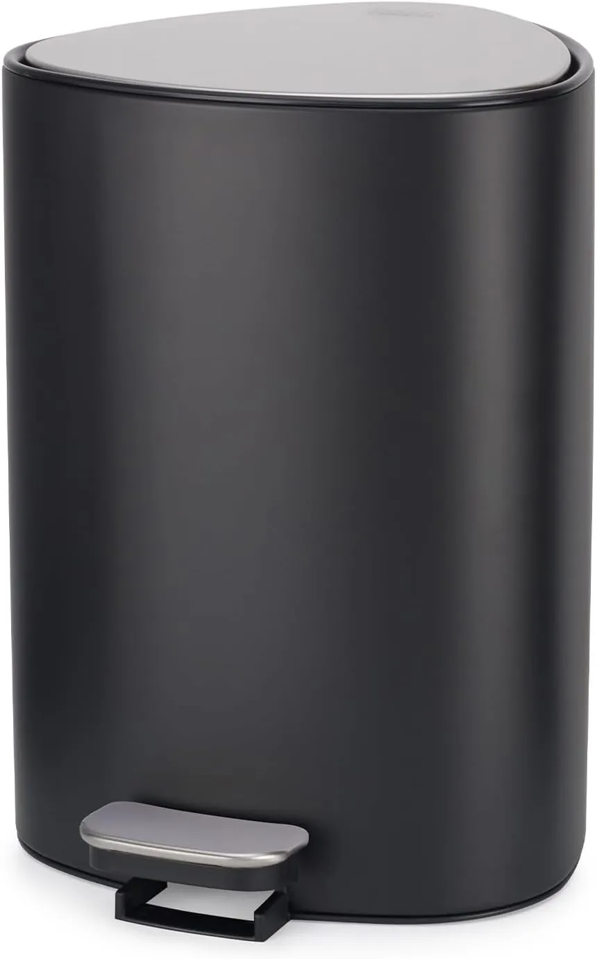 Joseph Joseph EasyStore Stainless Steel 5 Liter/1.3 Gallon Pedal Trash Can with Bin Liner Storage, Soft-Close Lid, Removable Inner Bucket, for Bathroom, Bedroom, Office, Matt Black