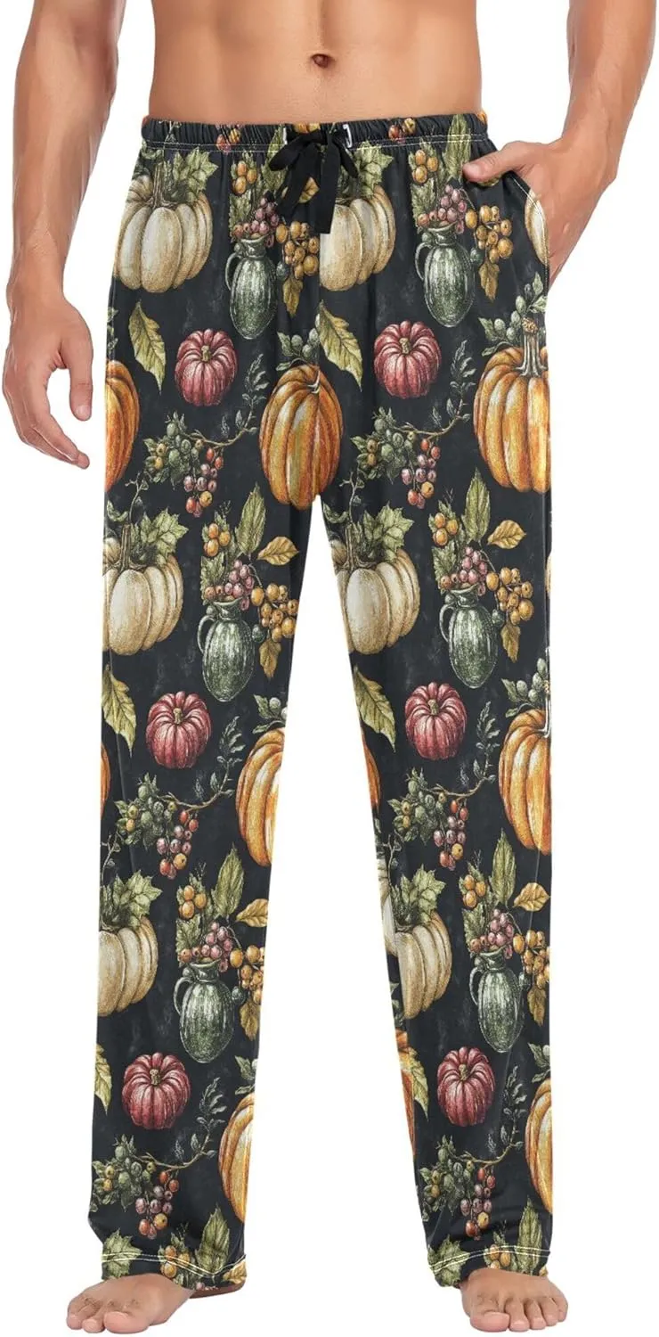 JUNZAN Autumn Pupmkins Apples Cotton Mens Pajama Bottoms with Pockets Comfy Men Pyjamas for Fall Sleeping S