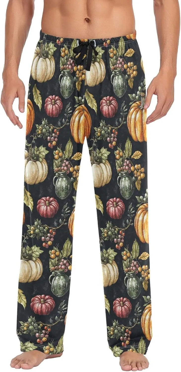 JUNZAN Autumn Pupmkins Apples Cotton Mens Pajama Bottoms with Pockets Comfy Men Pyjamas for Fall Sleeping S