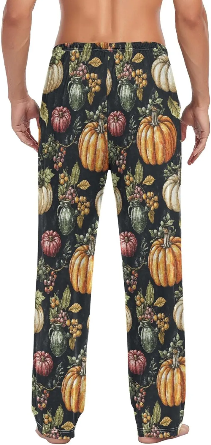 JUNZAN Autumn Pupmkins Apples Cotton Mens Pajama Bottoms with Pockets Comfy Men Pyjamas for Fall Sleeping S