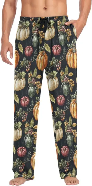 JUNZAN Autumn Pupmkins Apples Cotton Mens Pajama Bottoms with Pockets Comfy Men Pyjamas for Fall Sleeping S