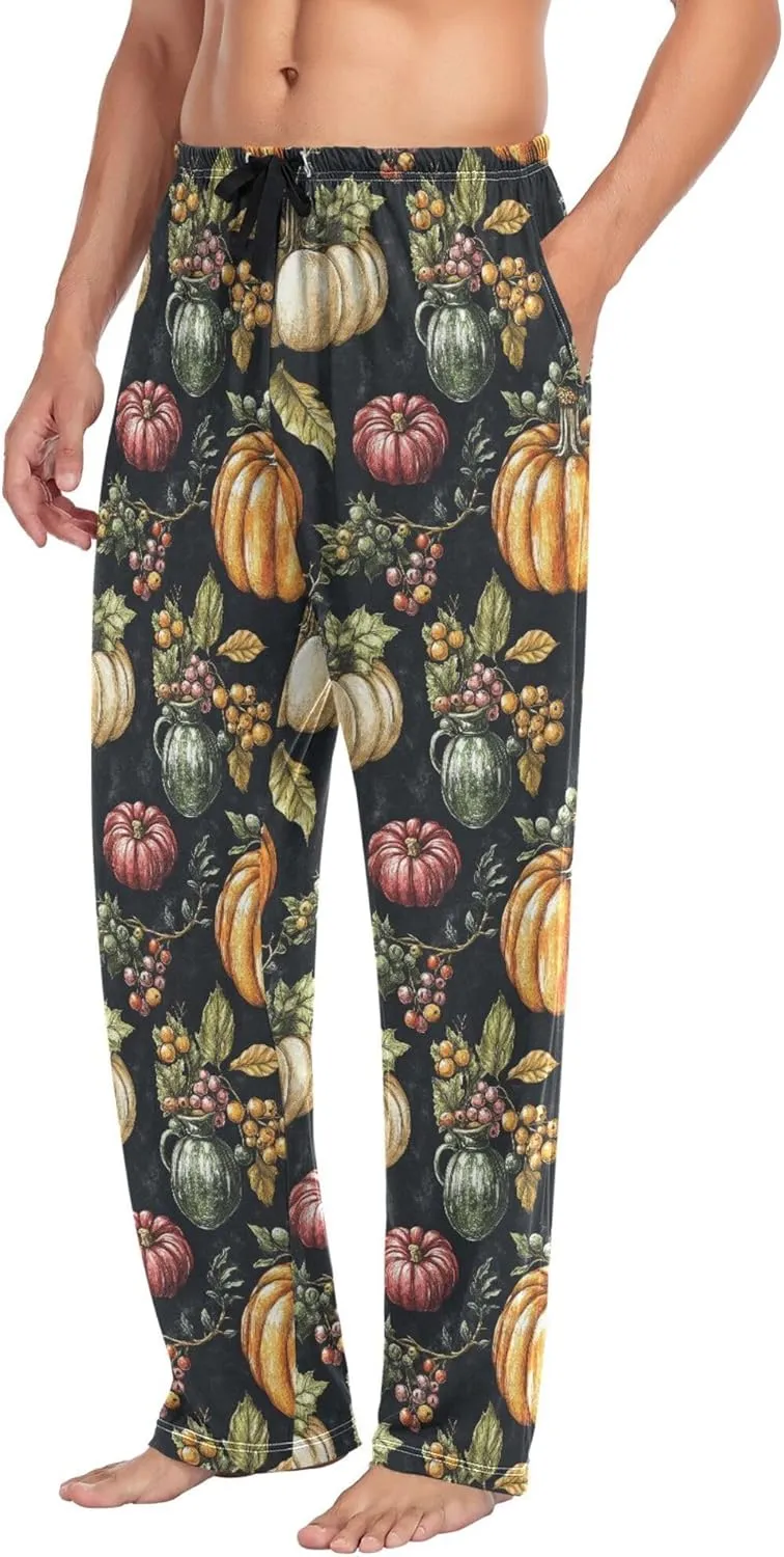 JUNZAN Autumn Pupmkins Apples Cotton Mens Pajama Bottoms with Pockets Comfy Men Pyjamas for Fall Sleeping S