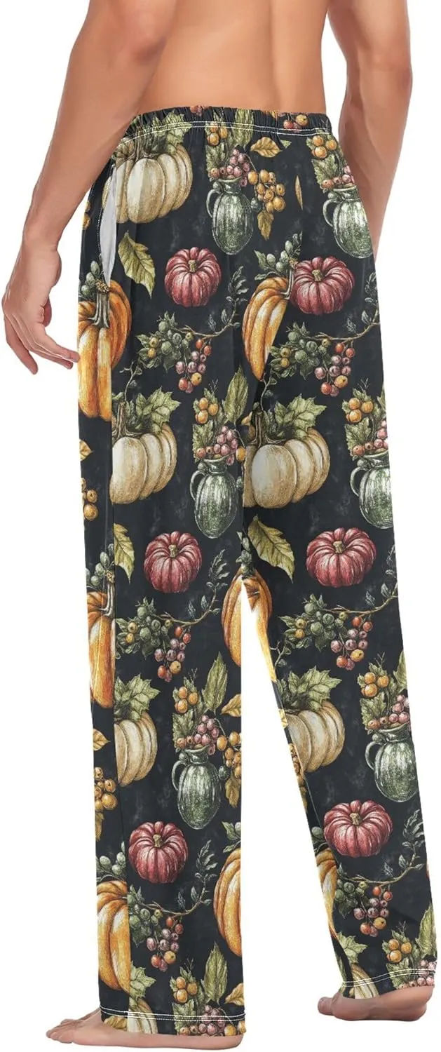 JUNZAN Autumn Pupmkins Apples Cotton Mens Pajama Bottoms with Pockets Comfy Men Pyjamas for Fall Sleeping S