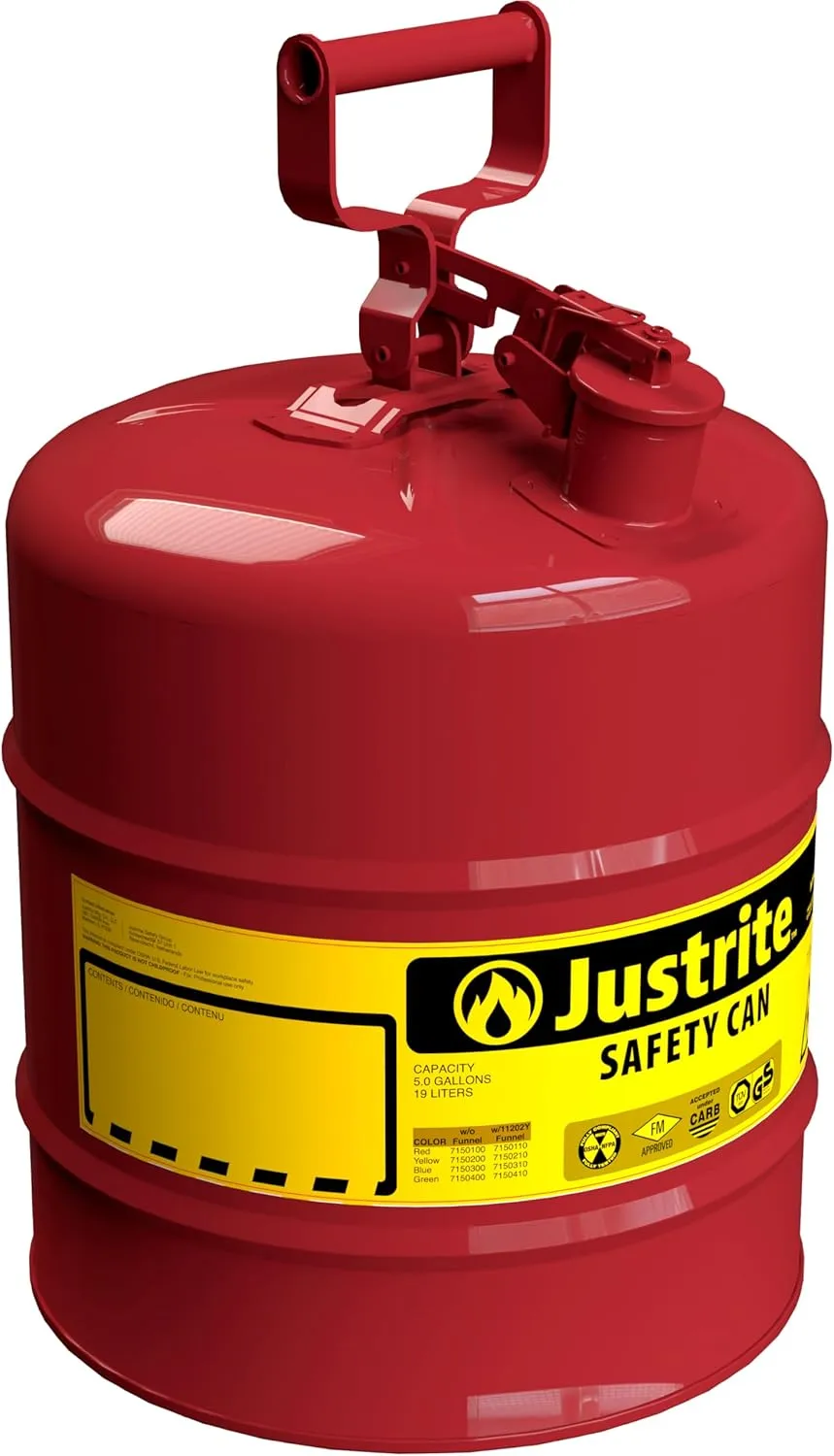 Justrite 5 Gallon Type I Red Safety Gas Can for Gasoline with Flame Arrester and Self-Closing Lid, Made in the USA, Galvanized Steel Flammable Storage Can, 7150100