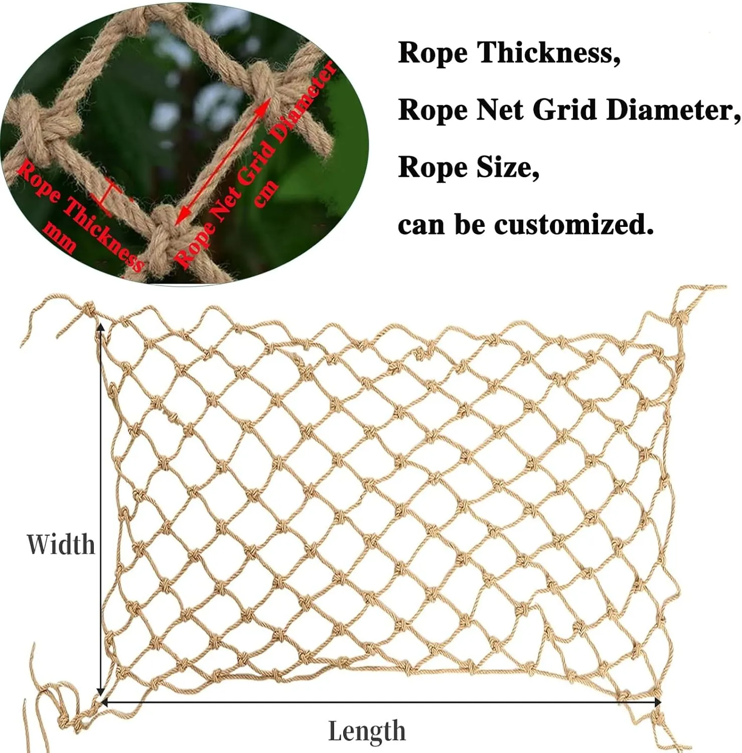 Jute Hemp Rope Net Climbing Safety Rope Netting, (3.3x6.6ft) Loft Balcony Stairs Fence Garden Playground Protection Net Indoor & Outdoor Decor Rope Nets, Climbing Cargo Nets (10mm-15cm)