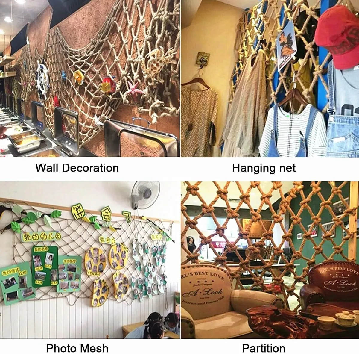Jute Hemp Rope Nets for Decoration and Plant Climbing，Indoor and Outdoor Decorative Mesh for Parties, Cafes, Bars, Living Rooms and Gardens(8Mx8M)
