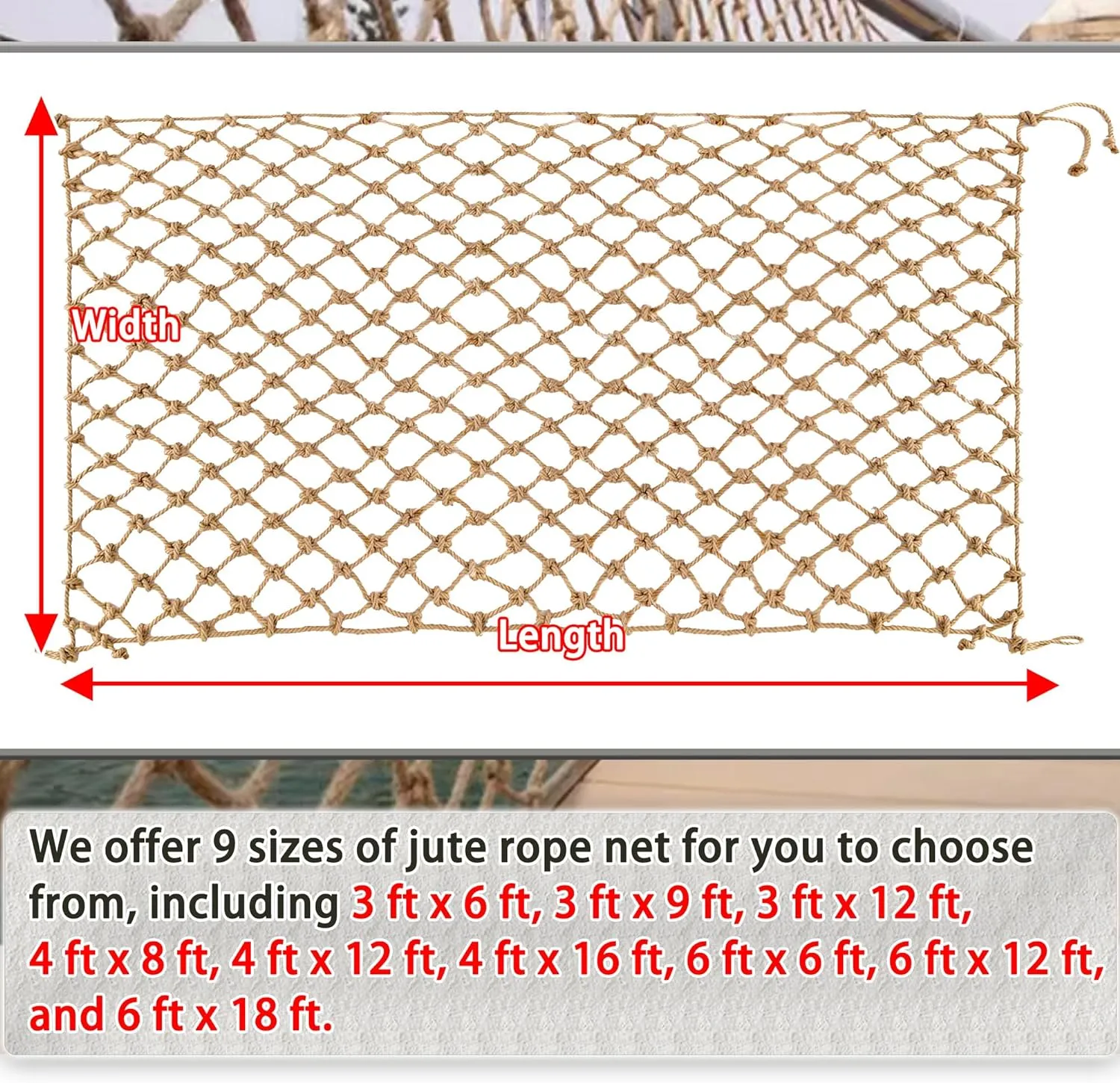 Jute Hemp Rope Nets for Safety and Decoration: Indoor & Outdoor Use, Kids' Climbing, and Versatile Protection (3ft x 9ft)