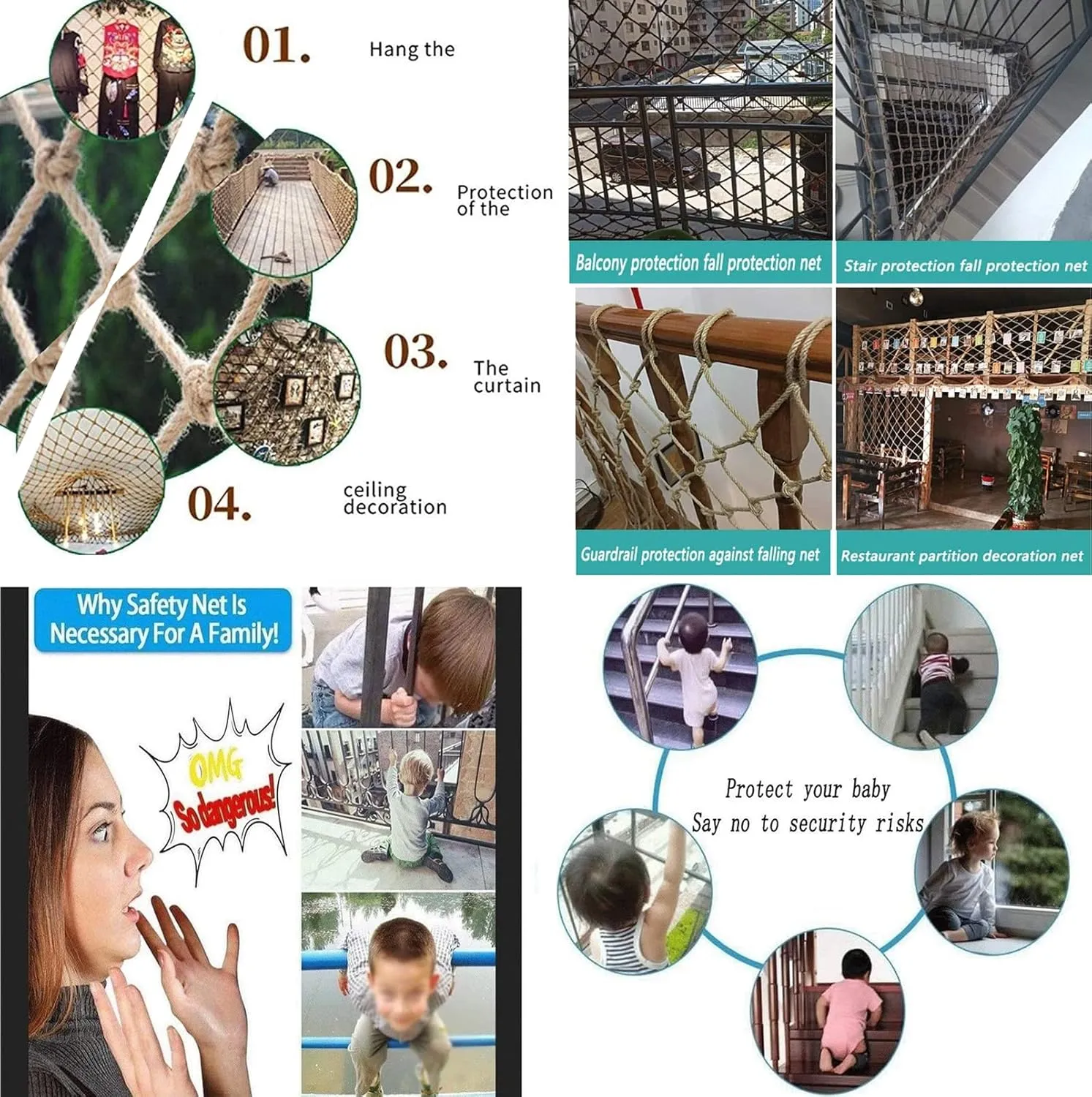 KACQIHTU Hemp Rope Safety Net for Child Protection - Fence for Stairs, Balcony Railings, Garden, Playground - Climbing Net for Kids