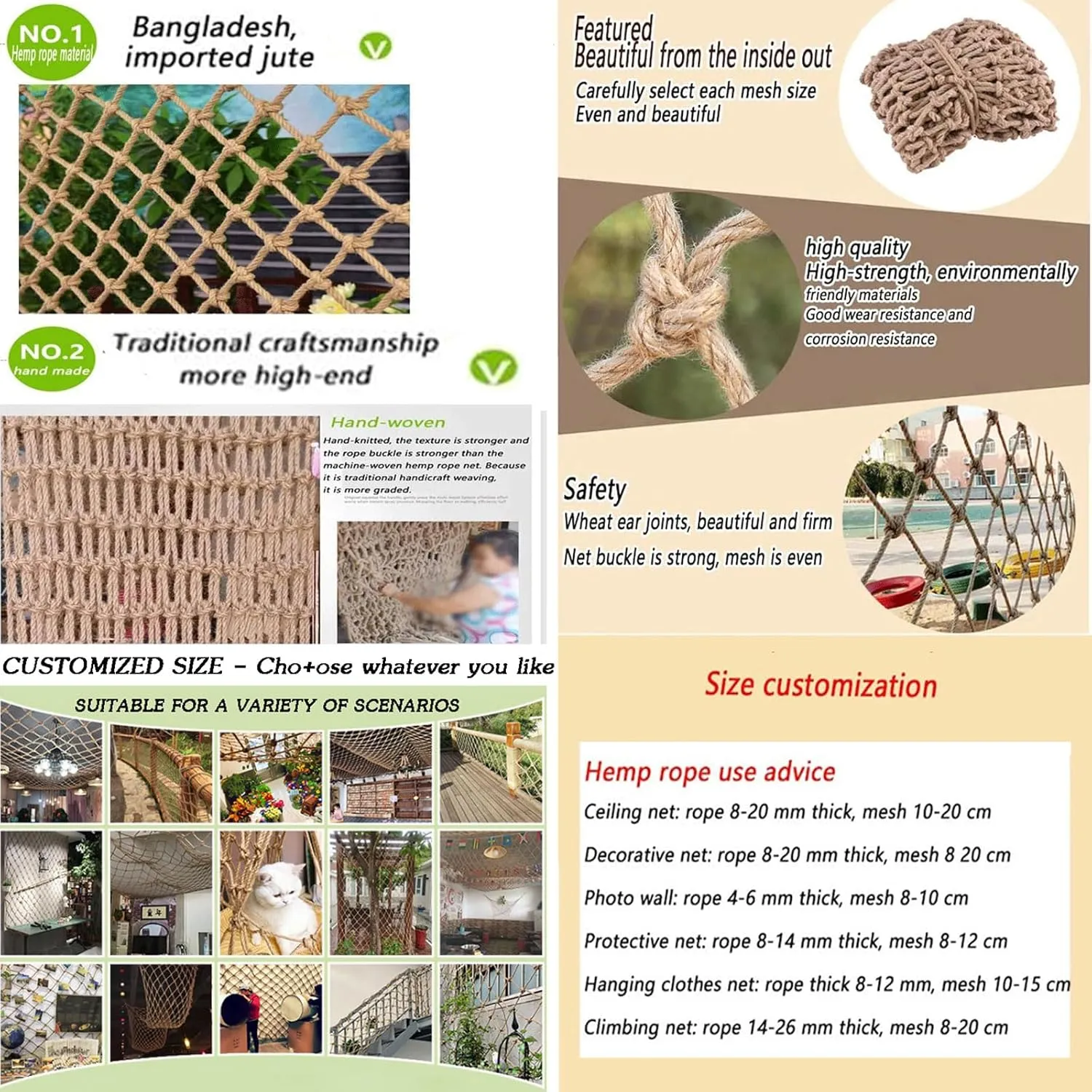 KACQIHTU Hemp Rope Safety Net for Child Protection - Fence for Stairs, Balcony Railings, Garden, Playground - Climbing Net for Kids