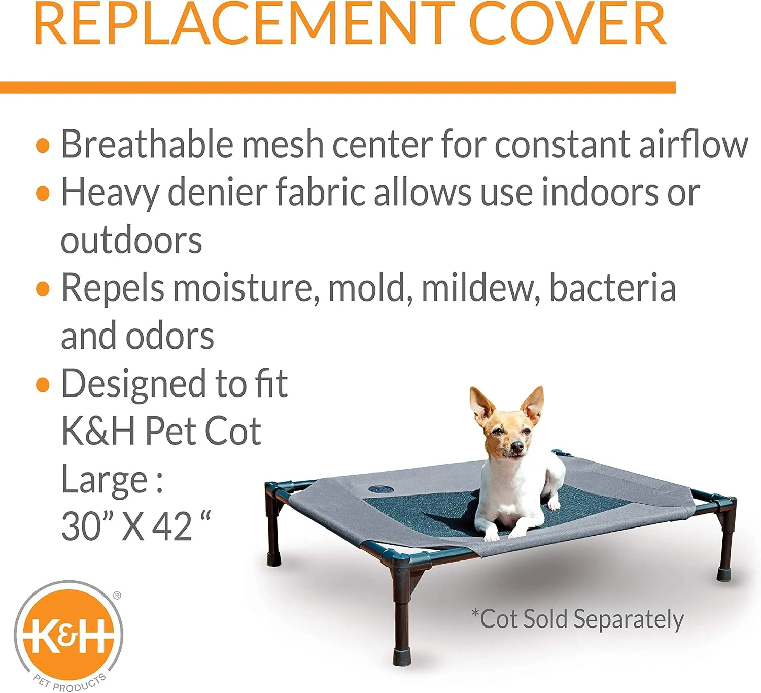 K&H Pet Products Elevated Cooling Outdoor Dog Bed Portable Raised Dog Cot Replacement Cover Only Gray/Black Mesh Large 42 X 30 Inches (Cot NOT Included)