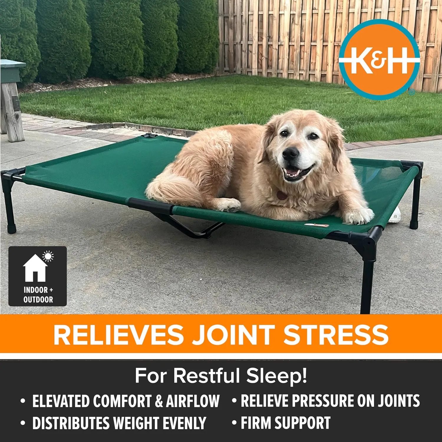 K&H Pet Products Outdoor Elevated Dog Cot, Cooling Raised Bed with Waterproof Breathable Mesh for Large Dogs, Portable Pet Bed with Heavy-Duty Metal Frame, Oversized Hammock Style - Extra-Large Green