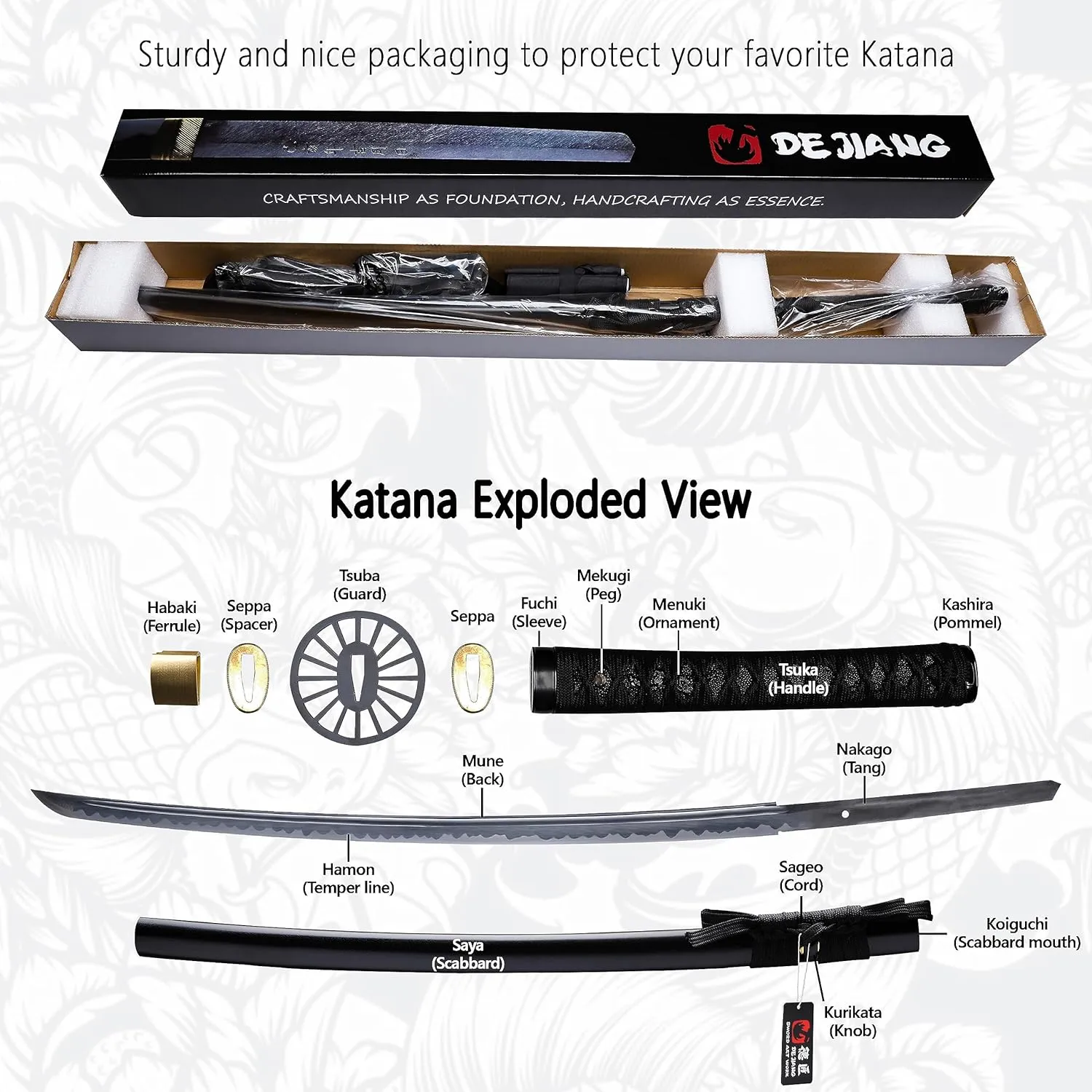 Katana Real Samurai Sword, 1095 1060 T10 Handmade Japanese Swords Full Tang Carbon Steel, for Training, Collecting, Dojo, Lovers of Japanese Culture etc
