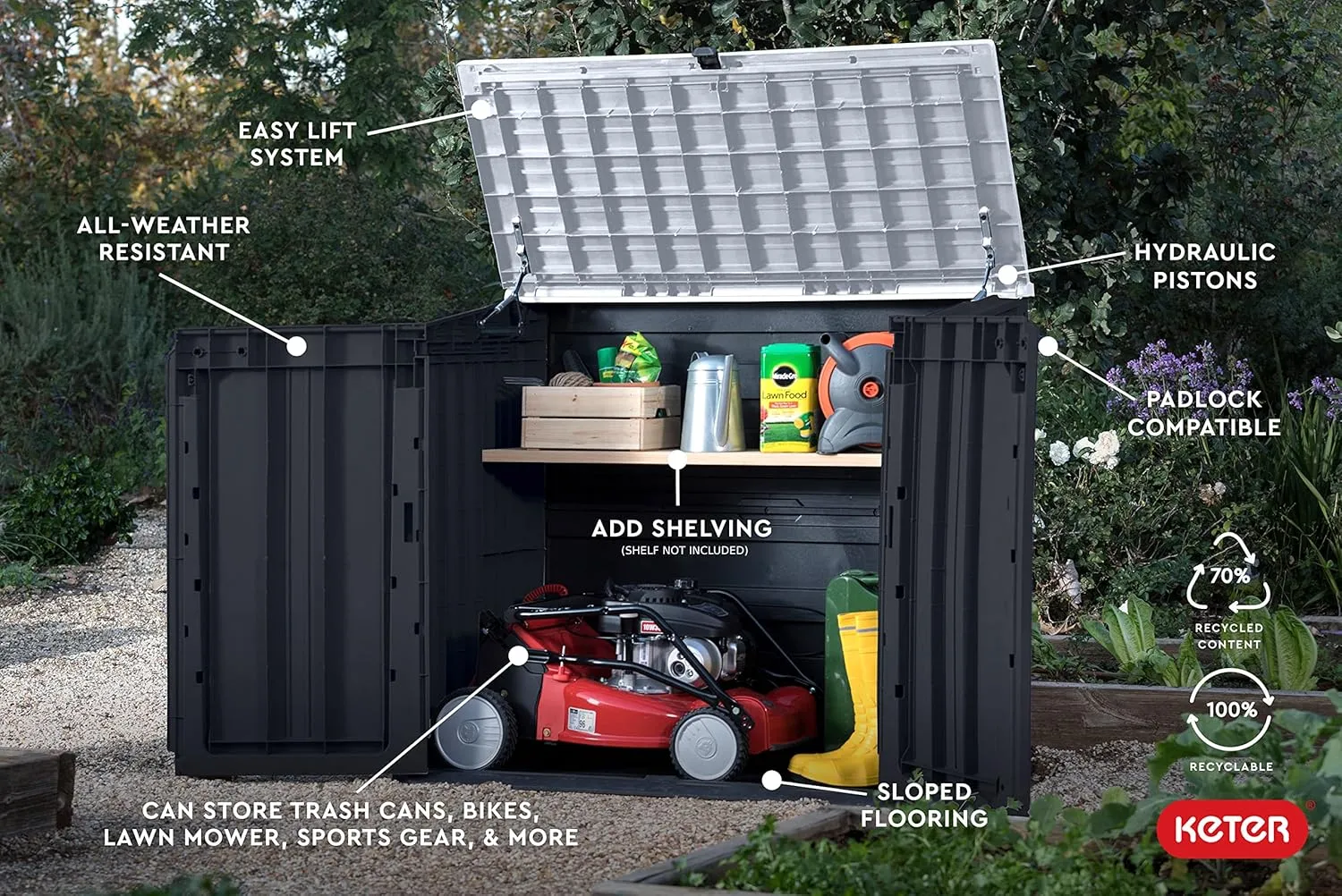 Keter Store-It-Out Prime 4.3 x 3.7 ft. Outdoor Resin Storage Shed with Easy Lift Hinges, Perfect for Yard Tools, Pool Floats and Garden Accessories, Black