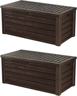 Keter Westwood Outdoor Resin 150 Gallon Deck Storage Box Organizer for Patio Furniture, Pool Toys and Yard Tools with Bench, Brown (2 Pack)