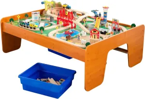 KidKraft Ride Around Town Wooden Train Set and Table with Helicopter, Airplane, Farm, Storage Bins and 100 Pieces, Compatible with Other Major Brand Trains, Honey
