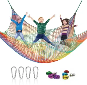 Kids Playground 9.8 x 9.8Ft Climbing Cargo Net - Kids Playground Safety Net,Polyester Double Layers Rope Bridge Net for Tree House and Outdoor Adventure（Rainbow）