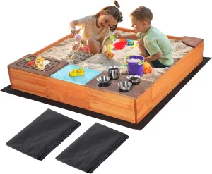 Kids Sandbox with Kitchen Playset, 2 in 1 Wood Sand Pit with Cover & Bottom Liner, Outdoor Toddler Sand Box with Corner Seats, Storage Bin, Sink & Cooking Accessories for Garden Beach Backyard