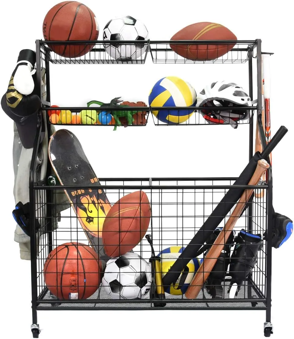 Kinghouse Garage Sports Equipment Organizer, Ball Storage Rack, Ball Storage Garage, Garage Organizer, Rolling Sports Ball Storage Cart, Steel, Black