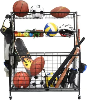 Kinghouse Garage Sports Equipment Organizer, Ball Storage Rack, Ball Storage Garage, Garage Organizer, Rolling Sports Ball Storage Cart, Steel, Black