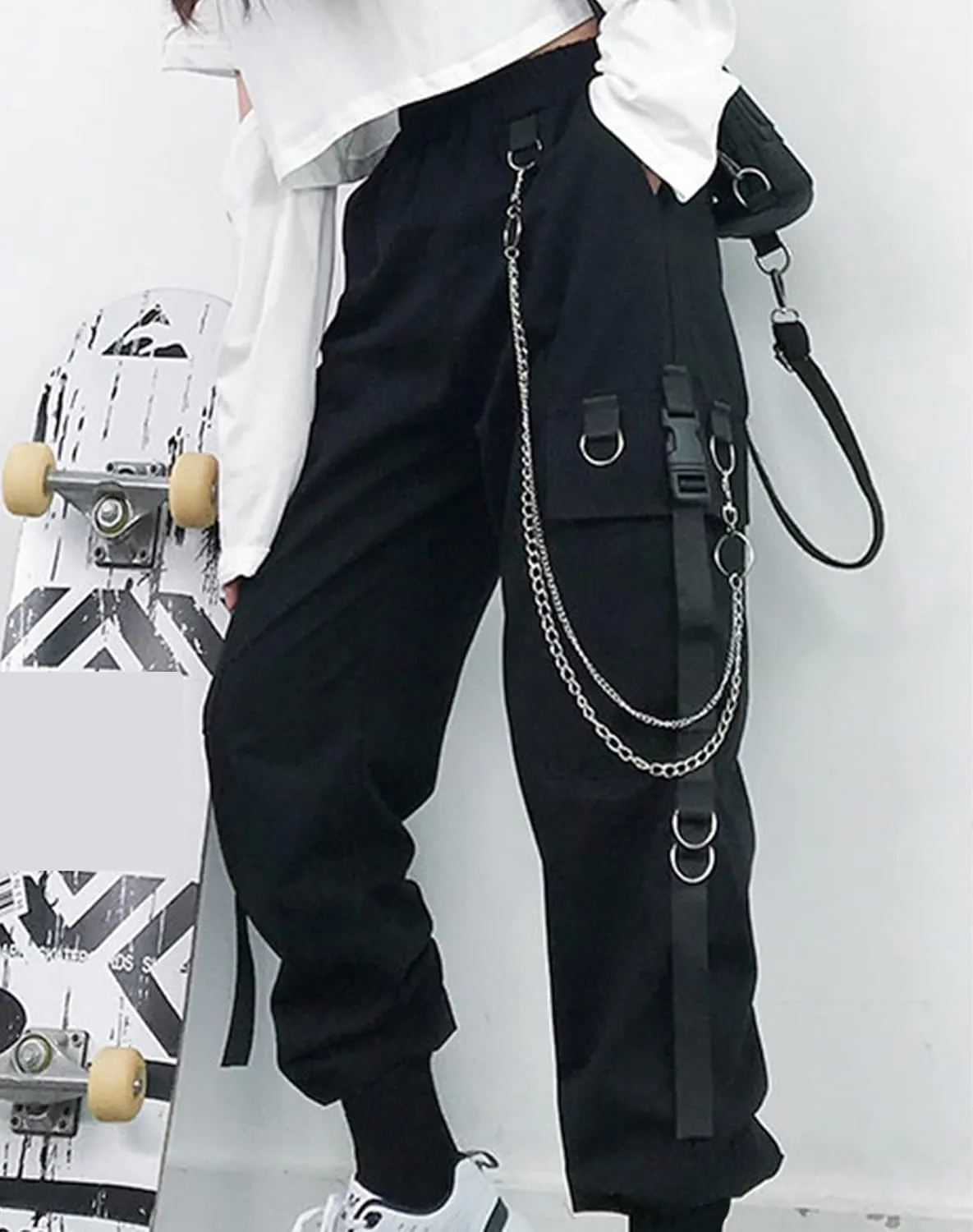 Kisswow Women's Cargo Jogger Pants Baggy Cargo Pants with Chain
