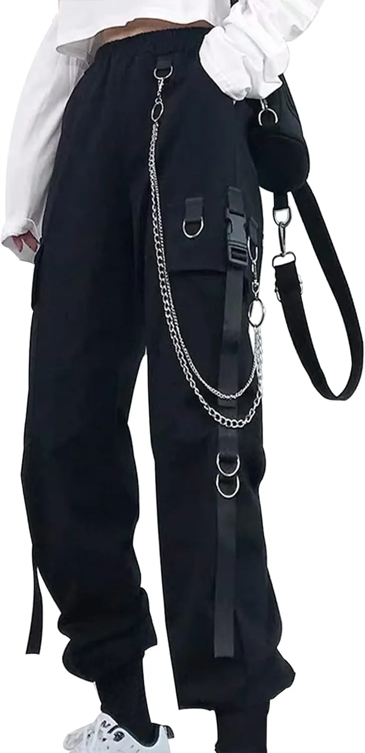 Kisswow Women's Cargo Jogger Pants Baggy Cargo Pants with Chain