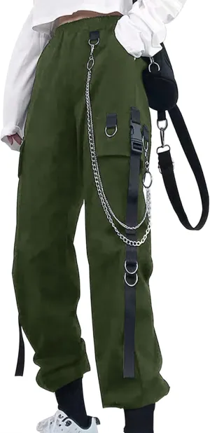 Kisswow Women's Cargo Jogger Pants Baggy Cargo Pants with Chain