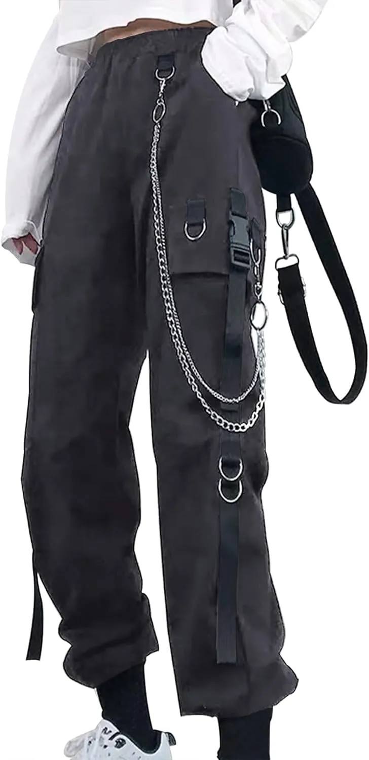 Kisswow Women's Cargo Jogger Pants Baggy Cargo Pants with Chain