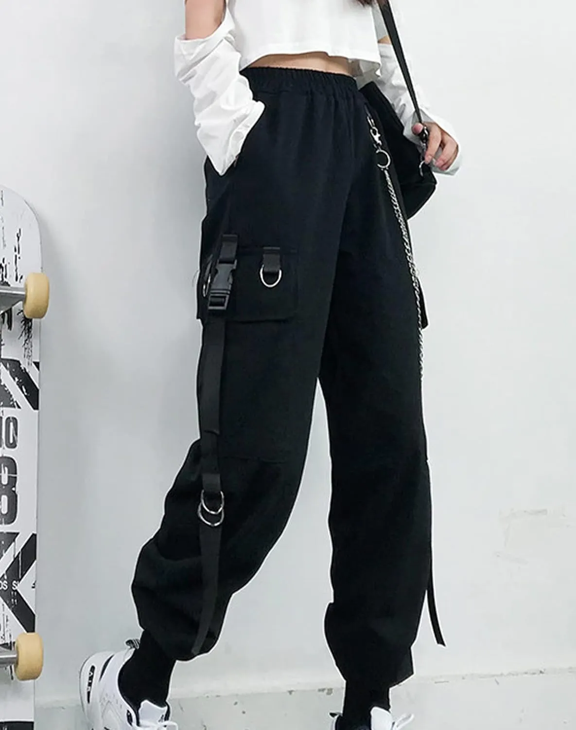 Kisswow Women's Cargo Jogger Pants Baggy Cargo Pants with Chain