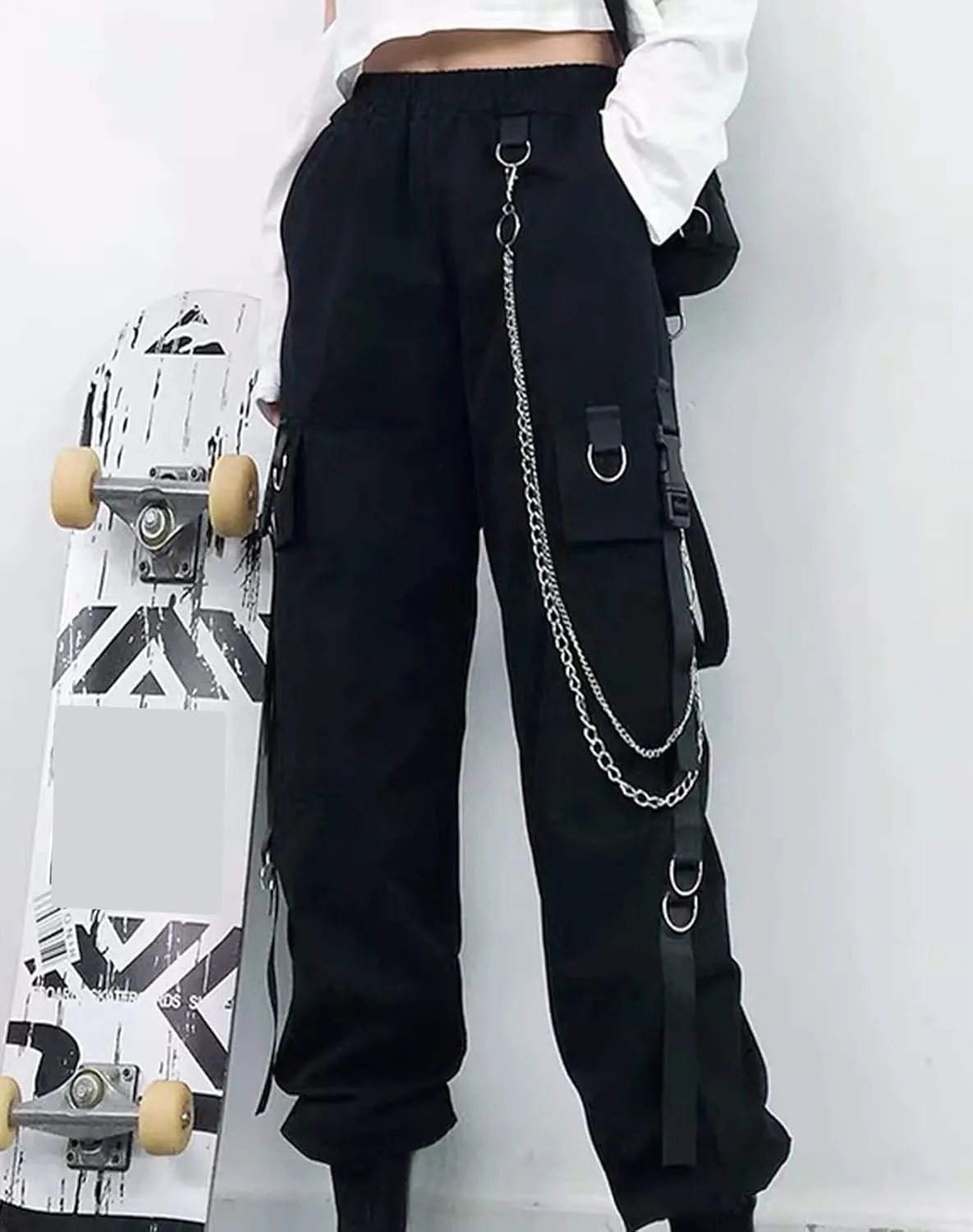 Kisswow Women's Cargo Jogger Pants Baggy Cargo Pants with Chain