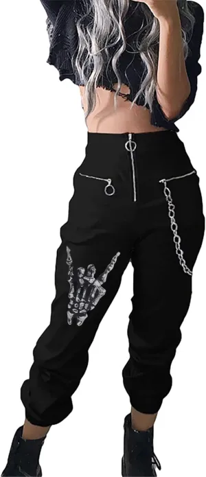 Kisswow Women's Cargo Jogger Pants Gothic Cargo Pants with Chain Black Trousers