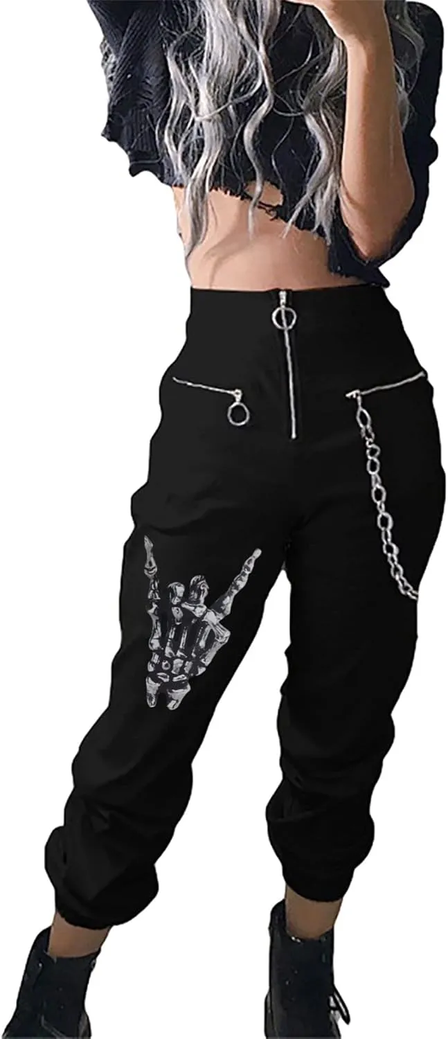 Kisswow Women's Cargo Jogger Pants Gothic Cargo Pants with Chain Black Trousers