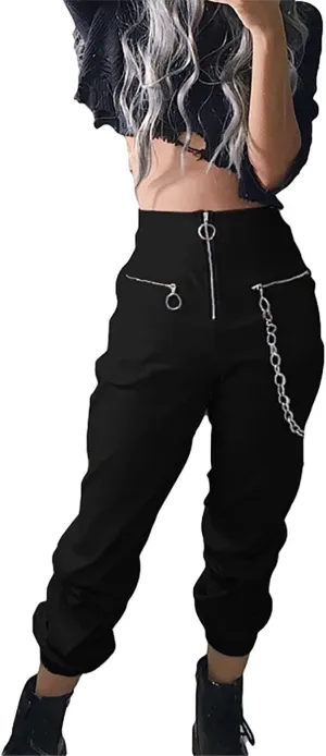 Kisswow Women's Cargo Jogger Pants Gothic Cargo Pants with Chain Black Trousers