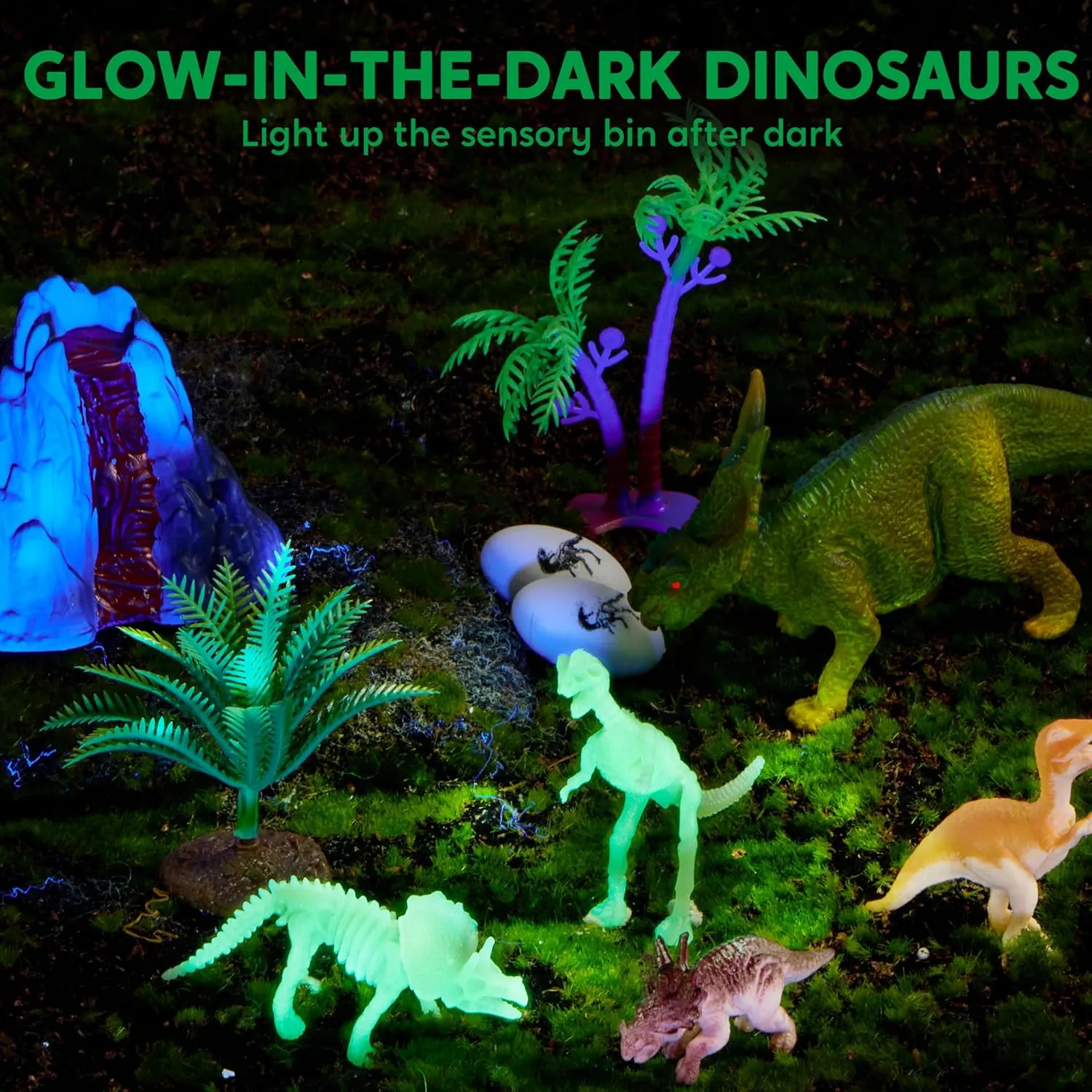 Klever Kits Dinosaurs Sensory Bin Toys for Toddlers with Glow in The Dark Dinosaurs, Sandbox with Lid Sand, Preschool Learning Activities Gifts for Boys Girls Age 3 
