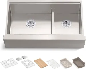 KOHLER Strive Smart Divide 35-1/2” Undermount Double-Bowl Farmhouse Workstation Kitchen Sink, Includes Accessories, Stainless Steel, K-33658-PC-NA