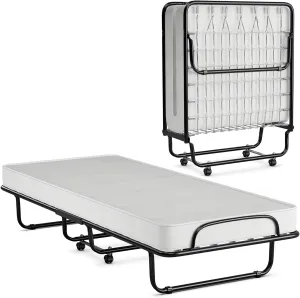 KOMFOTT Rollaway Folding Bed with 4 Inch Mattress, Foldable Rollaway Bed with Memory Foam Mattress for Adults, Portable Fold Up Guest Bed with Steel Frame on Wheels for Home & Office, Made in Italy