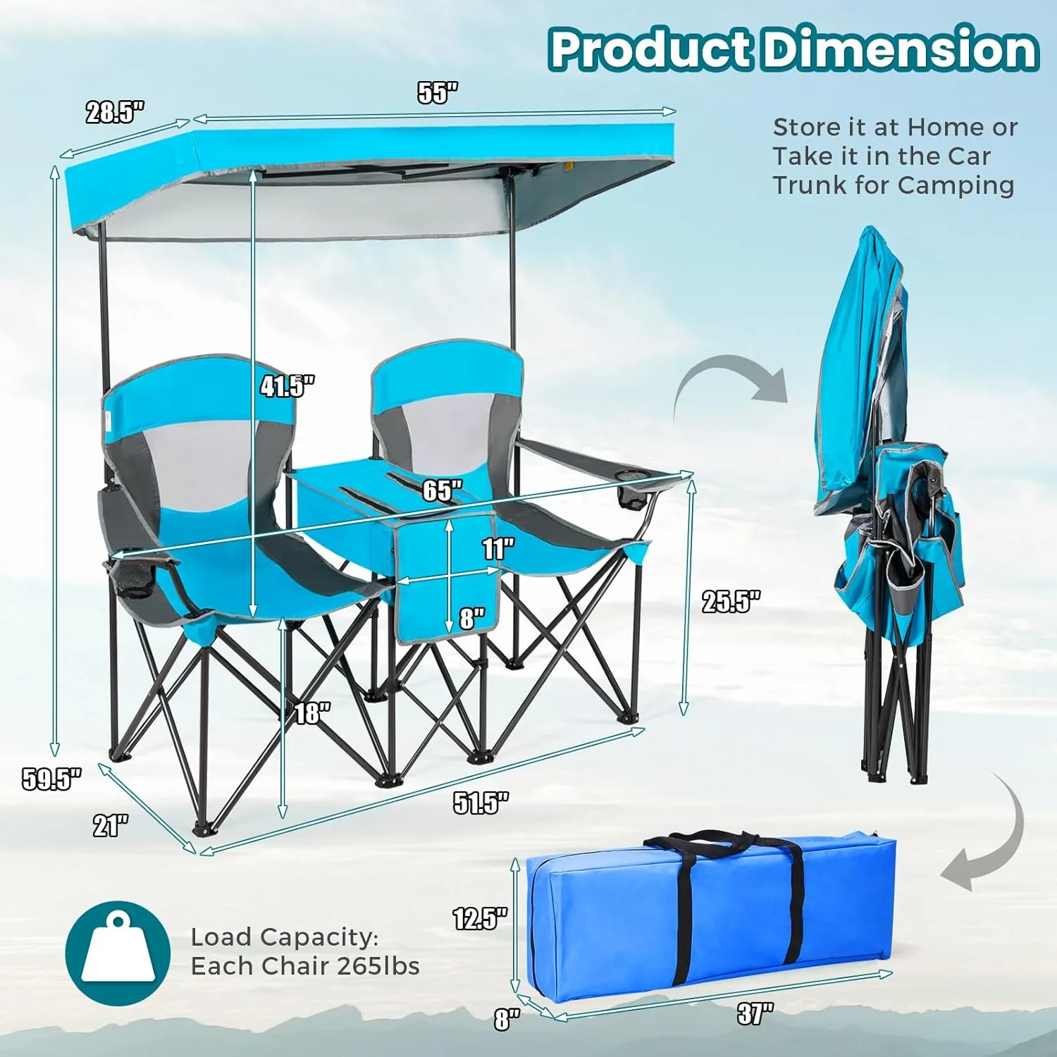 KOTEK Double Camping Chair with Canopy, 2-Person Canopy Chair with Mini Table Cup Holder, Cooler Bag & Carry Bag, Outdoor Folding Chairs for Beach, Lawn, Sports and Outside Activities (Blue)