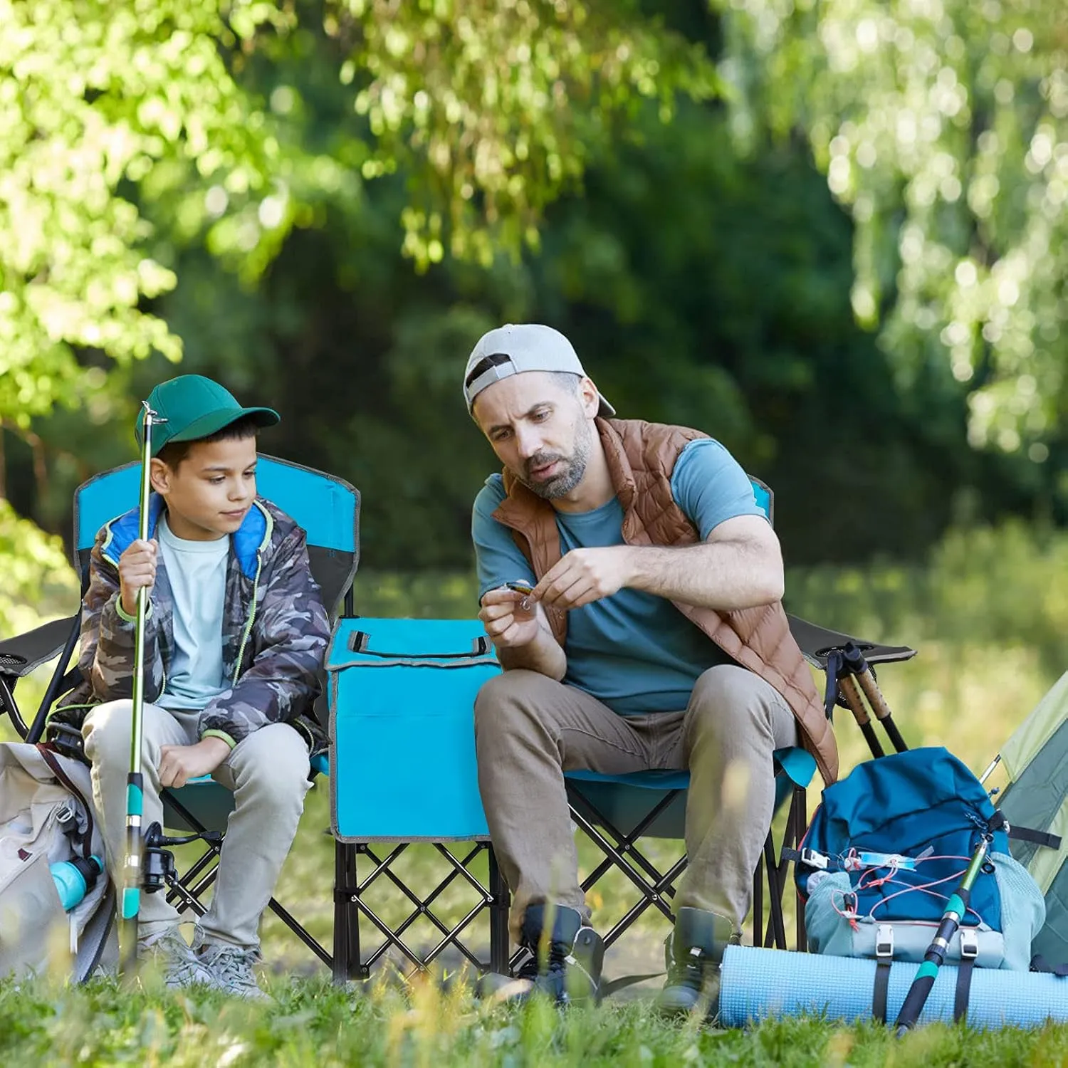 KOTEK Double Camping Chair with Canopy, 2-Person Canopy Chair with Mini Table Cup Holder, Cooler Bag & Carry Bag, Outdoor Folding Chairs for Beach, Lawn, Sports and Outside Activities (Blue)