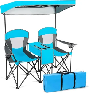 KOTEK Double Camping Chair with Canopy, 2-Person Canopy Chair with Mini Table Cup Holder, Cooler Bag & Carry Bag, Outdoor Folding Chairs for Beach, Lawn, Sports and Outside Activities (Blue)