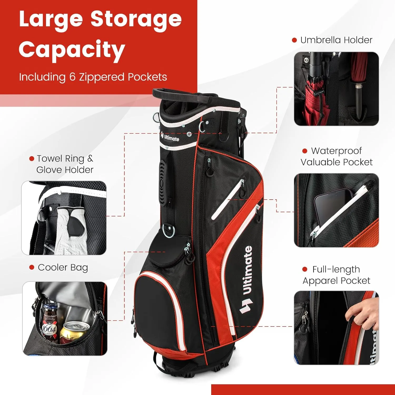 KOTEK Golf Stand Bag, 14 Way Top Divider Golf Club Bag with Cooler, 6 Zippered Pockets, Rain Hood & Adjustable Dual Shoulder Straps, Lightweight Golf Bag for Men Women