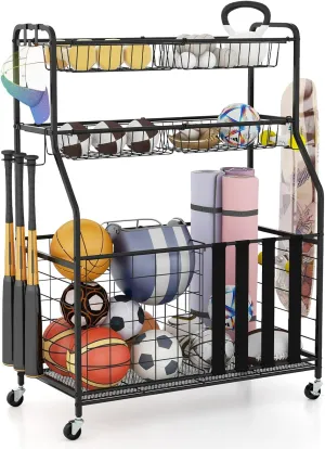 KOTEK Sports Equipment Organizer, Rolling Garage Ball Storage with Baskets, Hooks & Lockable Wheels, Home Gym Storage Rack for Basketball Football Tennis Volleyball Baseball Golf Bag Sports Gear