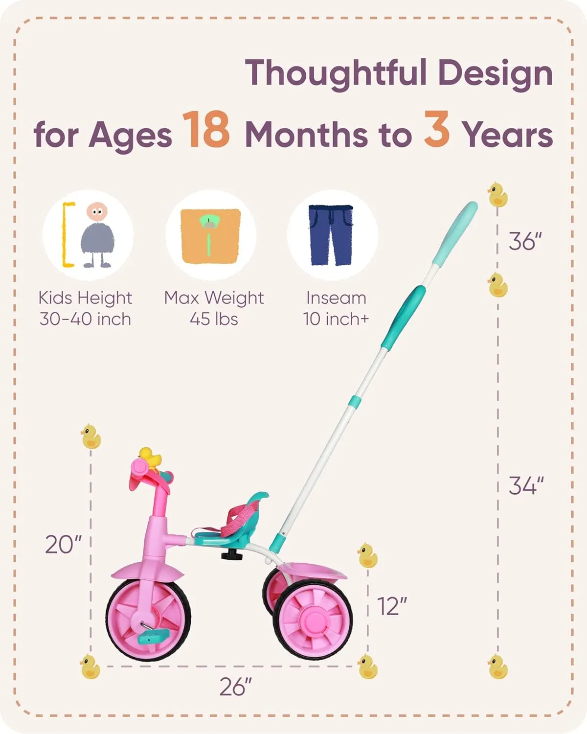 KRIDDO 2 in 1 Kids Tricycles Age 18 Month to 3 Years, EVA Wheels Upgraded, Gift, Trikes for Toddlers 2 to 3 Year Old with Push Handle and Duck Bell, Pink