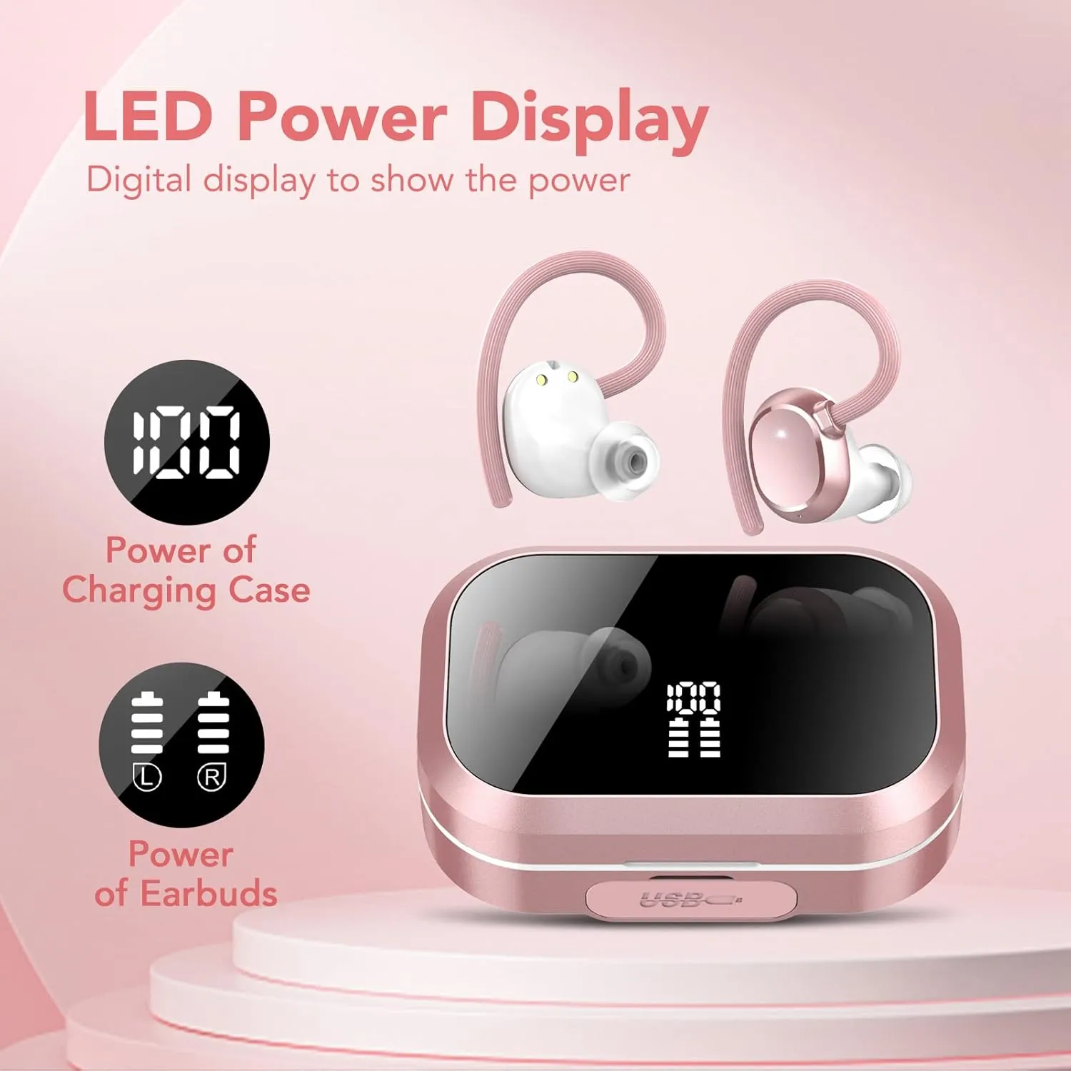 KT1 Wireless Earbuds V5.3, 120H Playtime, Bluetooth Earphones for Small Ear, IPX7 Waterproof Running Headphones, Deep Bass, Over Ear Sport Wireless Bluetooth Earphones for Android iOS