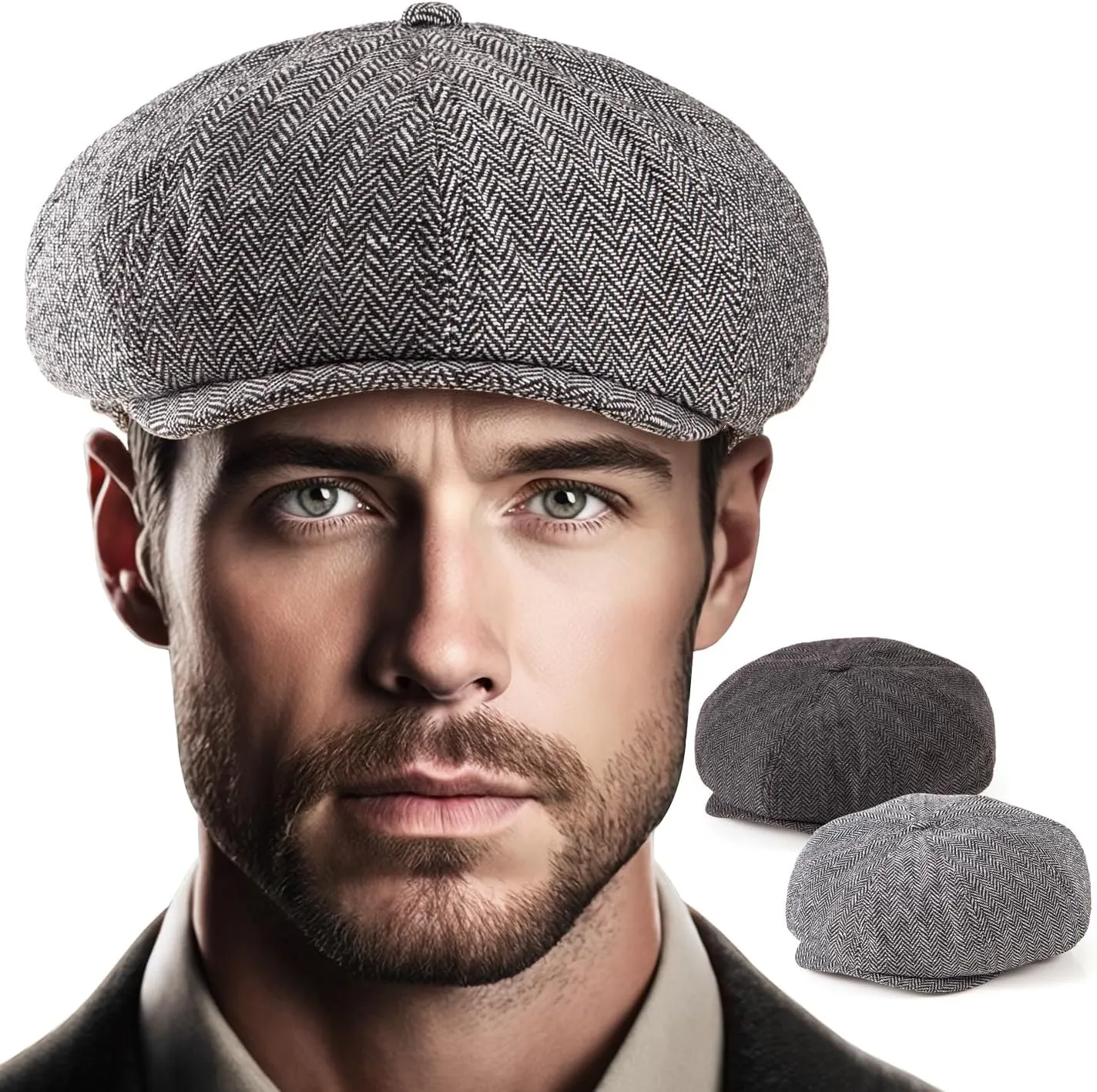 LADYBRO 2 Pack 8-Panel Newsboy Hats for Men Cabbie Wool Blend Tweed Irish Cap Adjustable