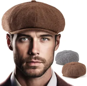 LADYBRO 2 Pack 8-Panel Newsboy Hats for Men Cabbie Wool Blend Tweed Irish Cap Adjustable