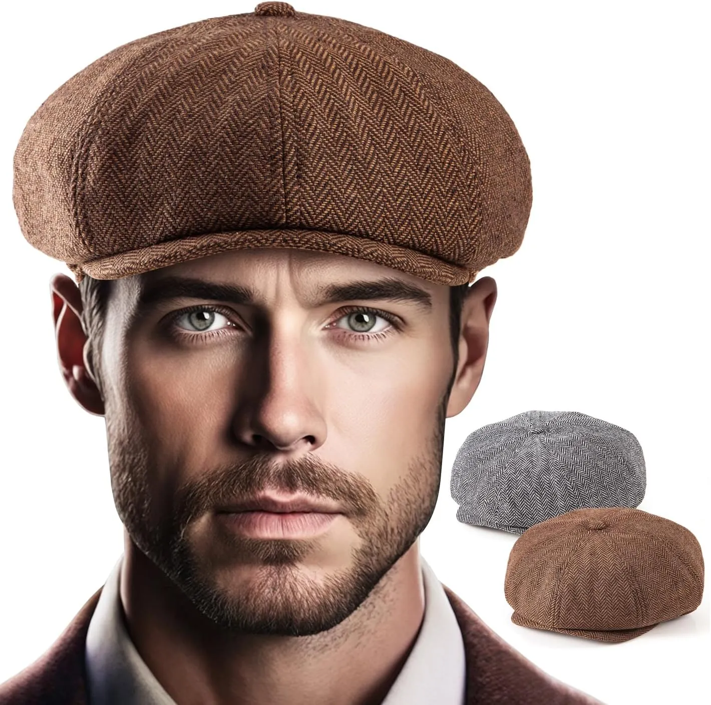 LADYBRO 2 Pack 8-Panel Newsboy Hats for Men Cabbie Wool Blend Tweed Irish Cap Adjustable