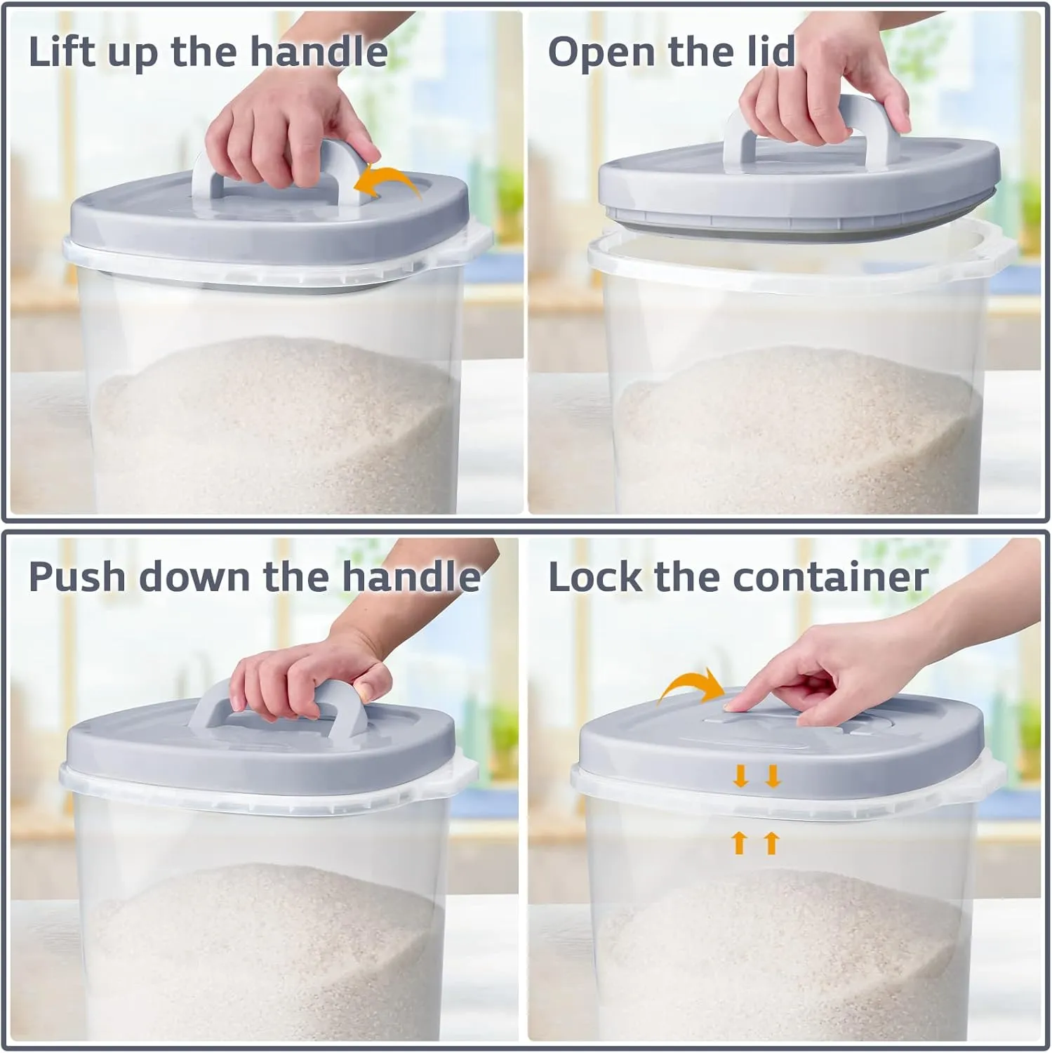 Large Airtight Food Storage Container Bin, 20-lb Dry Food Rice Container with Lid-Lock Handle and Measuring Cup. Cereal, Flour Dog Cat Pet Food Containers Grey
