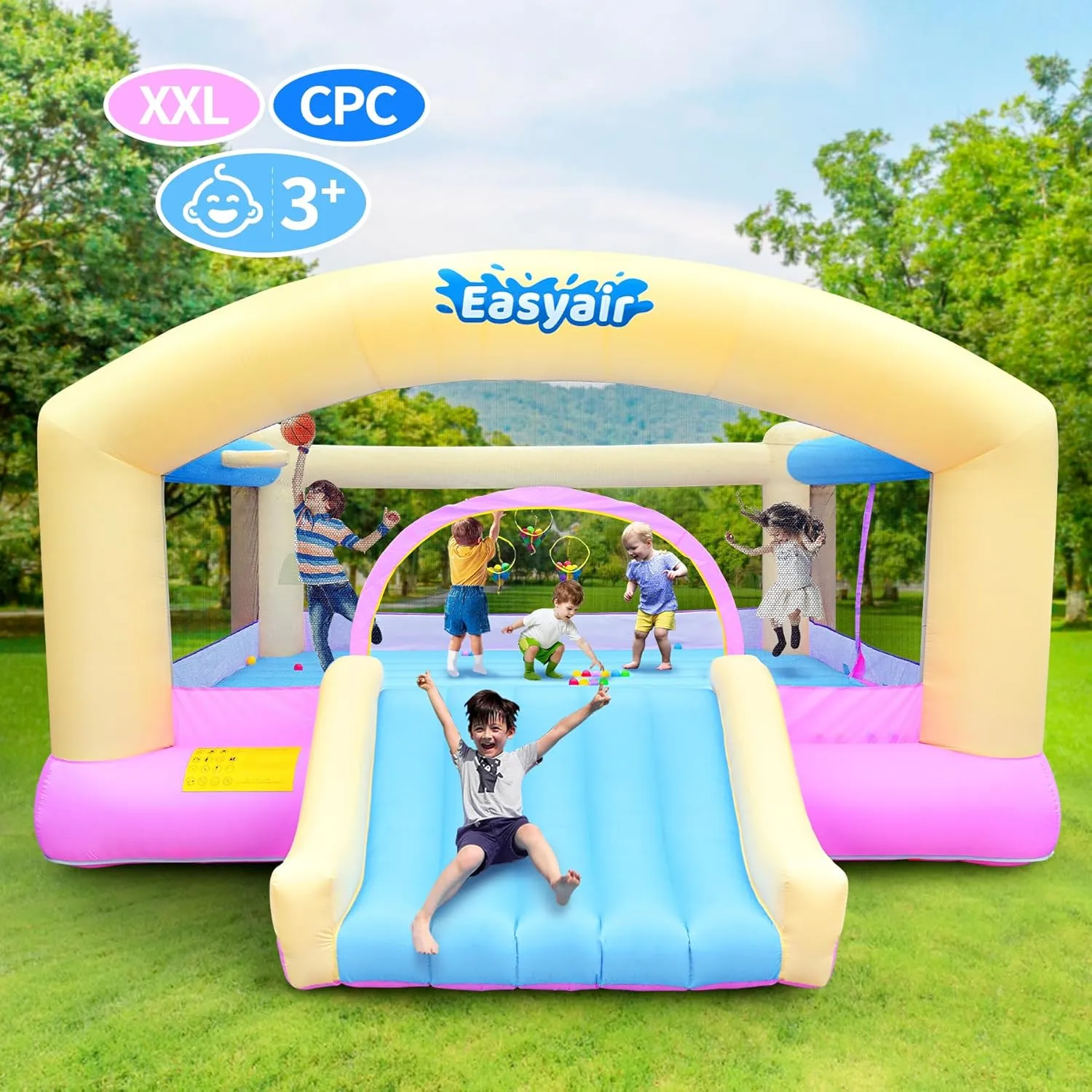 Large Bounce House for Big Kids, 14.8 x 14.5 FT Inflatable Bouncer Jumper Slide with 650W Blower, Basketball Hoop, Throw Ball Game, Ball Pits (Yellow, 177" L x 174" W x 94" H)